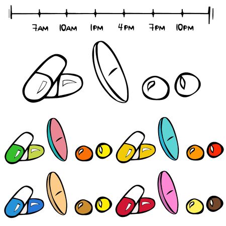 Pills and time scale set, doodle illustration of pills daily schedule with set of colorful drugs. Can be used for daily organizers, stickers, label design and moreのイラスト素材