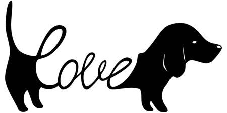 Dachshund illustration with word love inside, dog lover sign isolated black on white, cute print for t-shirts and dog clothesのイラスト素材