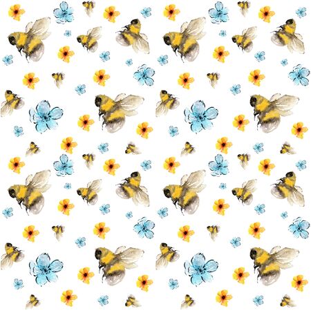Bees and flowers watercolor print, seamless pattern in yellow and blue on white background, looks nice on fabrics, home textile, wrapping paper and kids clothesの写真素材