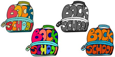 Back to school lettering in shape of backpack and designed with four color palettes, vector elements...