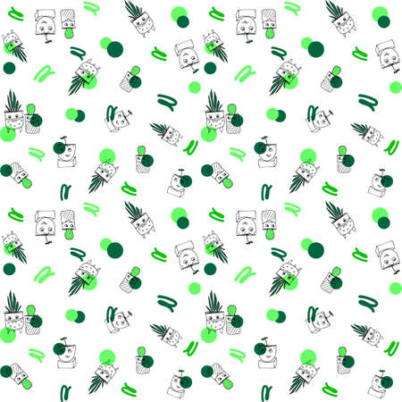 Green seamless pattern with home plants illustrations, funny and bright pattern for home textile, fabrics, wrapping paper and gift boxesのイラスト素材