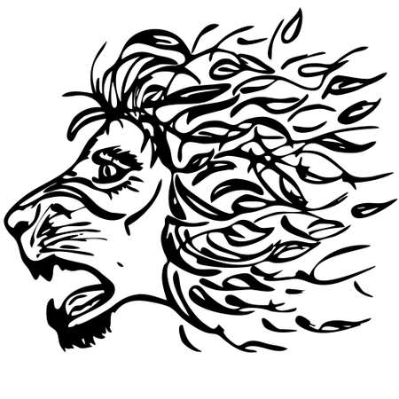 Autumn roaring lion black silhouette, vector emblem of lion head as part of logo or tattoo designのイラスト素材