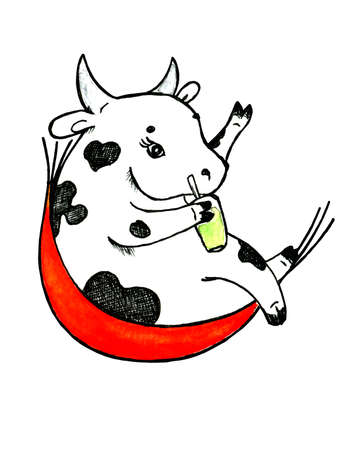 Year 2021 symbol. Cute Cow relaxing in a hammock with a cocktail and wishes you a happy New Year. Watercolor and ink painting.の写真素材
