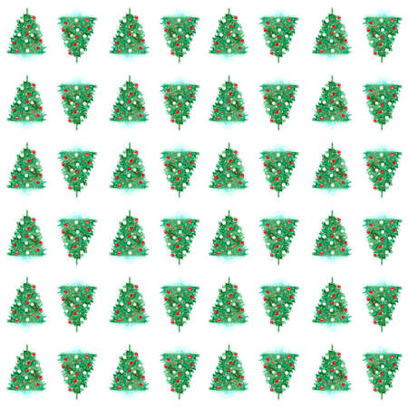 Seamless pattern for Christmas decoration. Watercolor painting of beautiful fir tree with white and...