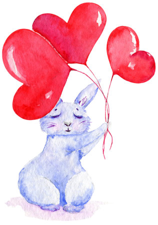 Cute bunny holding balloons in shape of red hearts. Watercolor illustration on white background can be a part of valentine's day or wedding day decoration, print on greeting cards, posters, invitationの写真素材