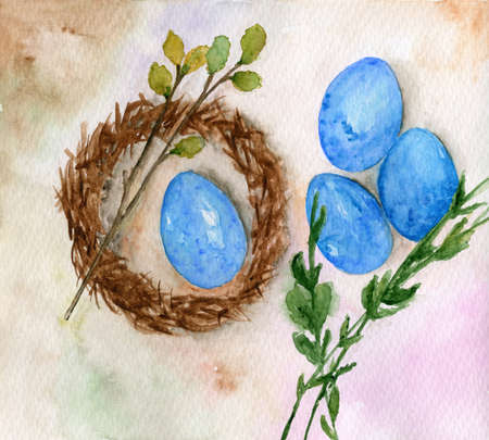 Watercolor painting with Easter symbols. Blue easter eggs in the nest and green branches. Easter celebration backgroundの写真素材