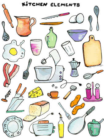 Funny set of kitchen elements drawn by hand and made as vector in doodle style. Bright set of vector illustrations for home cooking template, cooking book icons of dishware and foodのイラスト素材