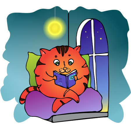 Orange cat or tiger reading a book in the evening. Bright doodle drawing of cute cat character for kids book illustration, card print, bookstore iconのイラスト素材