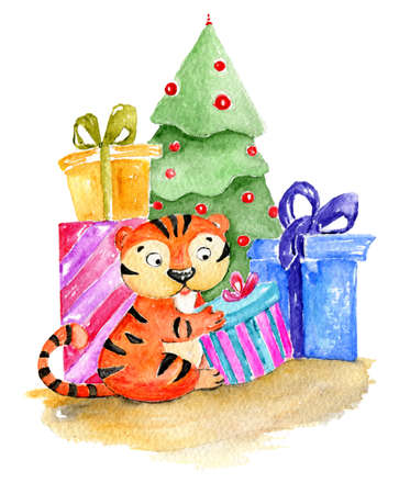 Christmas card template with cheerful watercolor illustration of cute tiger with presents under the Christmas tree. Winter Holidays illustration with tiger as symbol of New Year 2022の写真素材