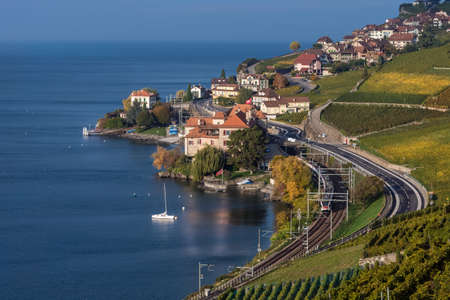 View on the village Rivaz and Geneva Lake from vineyard terraces. Highway and railway with the train.の写真素材