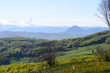 Apennines mountain landscape seen from the Piana degli Ossi, in wide valley near Firenzuola, on the...