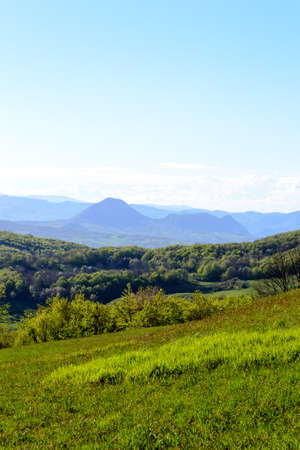 Apennines mountain landscape seen from the "Piana degli Ossi", in wide valley near Firenzuola, on the path of the Gods road or "the way of the Gods", in Italyの写真素材
