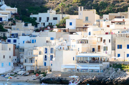 Island of Levanzo, Sicily, Italy, july 2020. This little sea town in the Egadi islands is wonderful with its white houses and blue windowsのeditorial素材