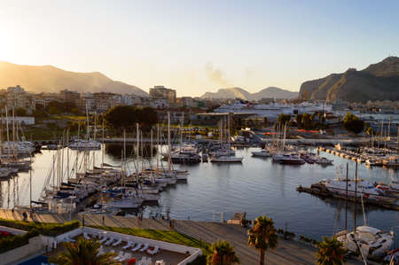 Palermo, Italy, july 2020. Nice aerial view of the waterfront at sunset time seen from the Loggiato of San Bartolomeoのeditorial素材