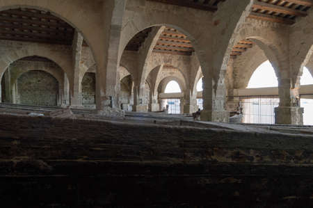Favignana, Sicily, Italy, August 2020. In the former Florio factory some ancient wooden boats used for fishing tuna are preserved in old buildingのeditorial素材