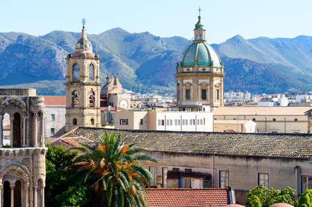 Urban landscape of Palermo the main city of Sicily in Italy. Here the roof and of the old houses with the mountains in the background seen from the St. Catherine's Monastery terracesのeditorial素材