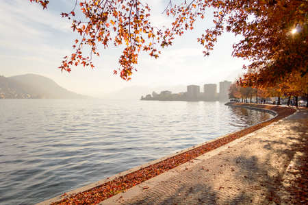 Tree-lined lakeside promenade in autumn in Omegna on Lake Orta