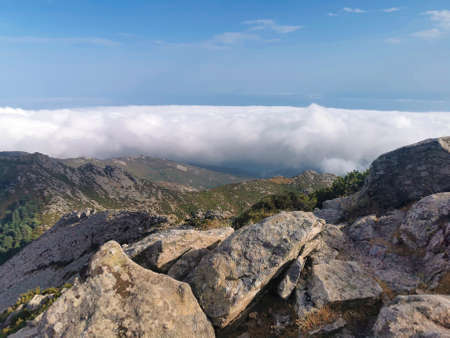 Landscape aerial view of Isola d'Elba seen from the top of Monte Capanne the highest peak in the island, reachable by cableway.の写真素材