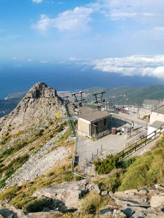 Nice aerial view of Isola D'Elba seen from the yellow cable way of Monte Capanne the highest peak on this beautiful italian and mediterranean islandの写真素材
