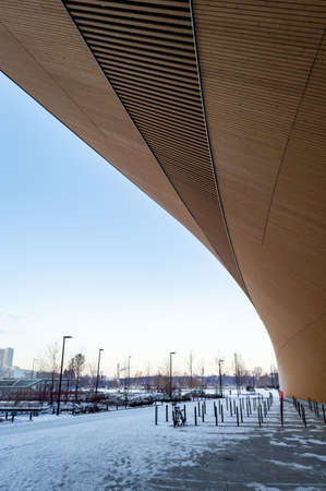 Helsinki, Finland, December 2021. The huge wooden canopy of the central library Oodiのeditorial素材
