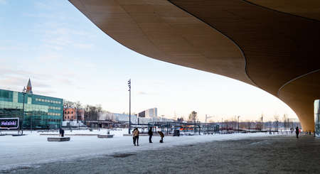 Helsinki, Finland, December 2021. The huge wooden canopy of the central library Oodiのeditorial素材