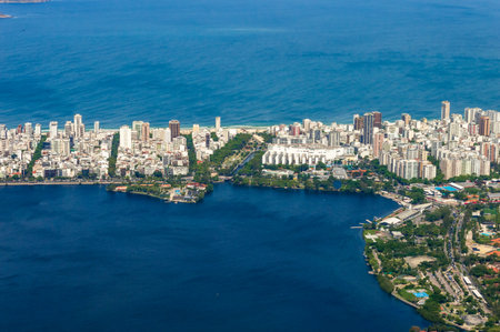 Aerial view of the city of Rodrigo de Freitas lagoon and Leblon in Rio de Janeiro. Amazing and...