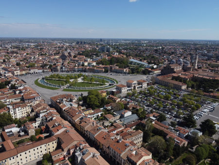 Aerial view of Prato della Valle in Padua, showcasing one of Europe's largest squares with its...