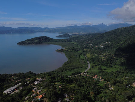 Drone view of Paraty, Rio de Janeiro, showcases lush Atlantic Forest, vibrant coastlines, and many small islands in the sparkling sea.の写真素材