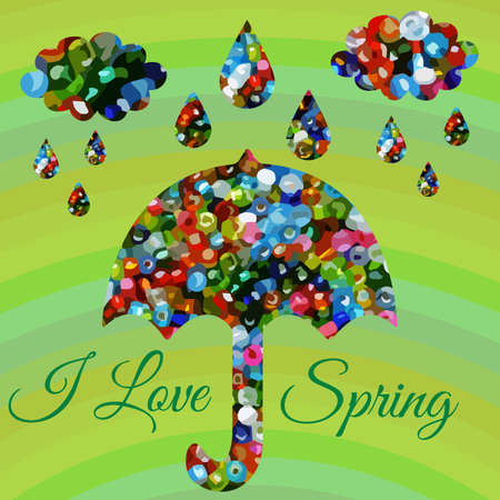 Abstract spring rain composition with clouds, raindrops and umbrellaのイラスト素材