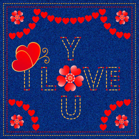 Abstract jeans background with butterfly, flower and heartsのイラスト素材