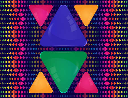 Green, blue, pink and yellow glass triangle signs of different sizes on abstract colorful triangle elements ornamentのイラスト素材