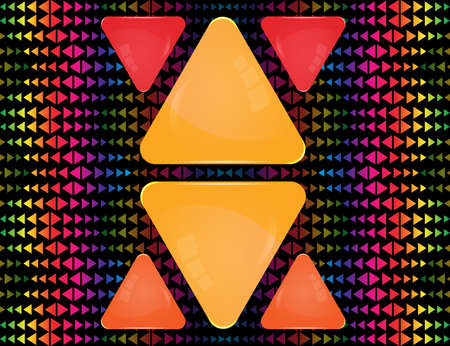 Yellow, red and orange glass triangle signs of different sizes on abstract colorful triangle elements ornamentのイラスト素材