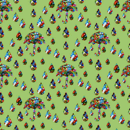 Abstract seamless pattern of umbrellas and raindrops with green backgroundのイラスト素材