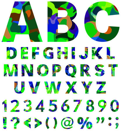 Green-blue alphabet from A to Z with numbers and symbolsのイラスト素材