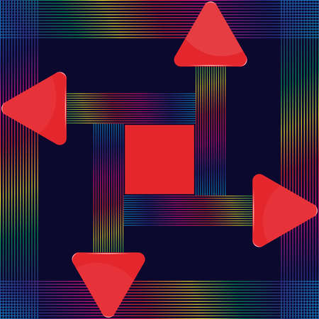 Red glass triangular signs with abstract colorful lines design