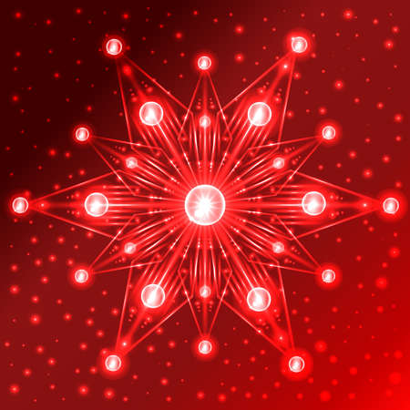 Abstract illuminated red star with lights on its rays on red gradient background with sparklesのイラスト素材