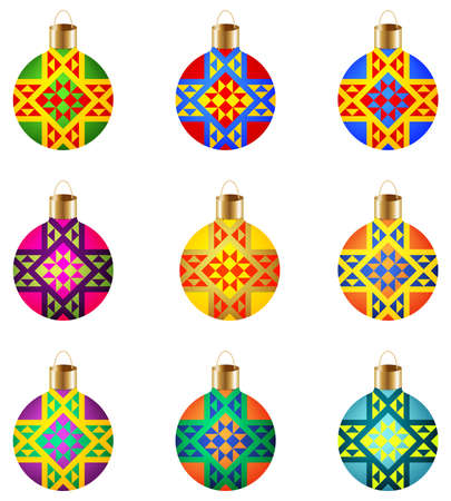 Set of 9 colorful isolated Christmas balls with modern unusual ornamental decorationのイラスト素材