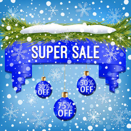 Composition of winter sale ribbon decorated with blue Christmas balls, Christmas tree branches, snow and snowflakes on light blue backgroundのイラスト素材