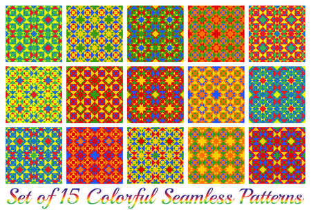 Set of 15 abstract contemporary colorful geometric seamless patterns with triangles and squares of red, green, orange, blue and yellow shadesのイラスト素材