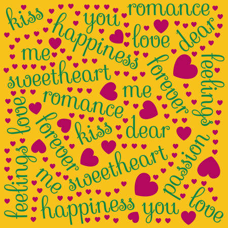 Abstract lovely Valentine' Day background with romantic words of green color and purple heart shapes on yellow backdropのイラスト素材
