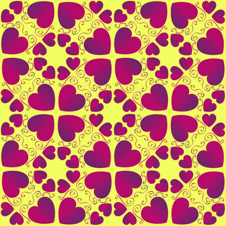 Abstract decorative Valentine's seamless pattern with purple and violet gradient heart shapes on yellow backgroundのイラスト素材