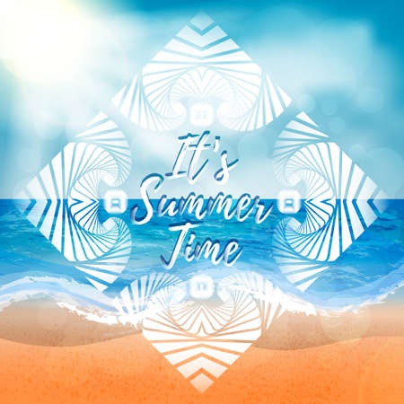 Abstract summer background of beach and sea elements with white decorative frame. It's Summer Time title. Summer background vector illustrationのイラスト素材