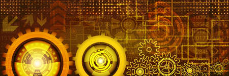 Abstract futuristic technology banner with gears of yellow, orange and brown shades. Digital technology and engineering concept designのイラスト素材