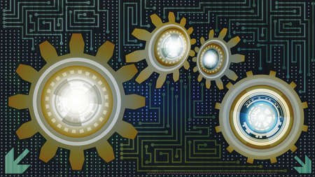 Trendy abstract background of futuristic technology with gears in blue, white and brown shades....