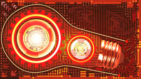 Abstract technological background with light bulb, gears and microchip of red, orange, yellow and white shades. Concept of light bulb with gears inside mechanism. Business backgroundのイラスト素材