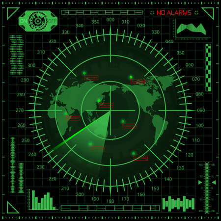 Abstract digital radar screen with world map, targets and futuristic user interface of green shades on dark backgroundのイラスト素材