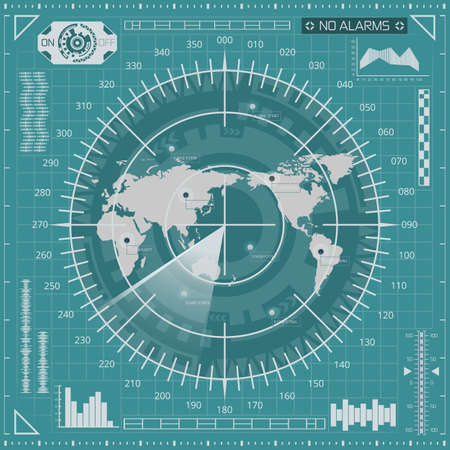 Abstract digital radar screen with world map, targets and futuristic user interface of blue, white, and gray shadesのイラスト素材