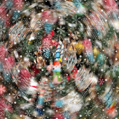 Abstract Christmas and New Year blurred colorful background with white snowflakesの写真素材
