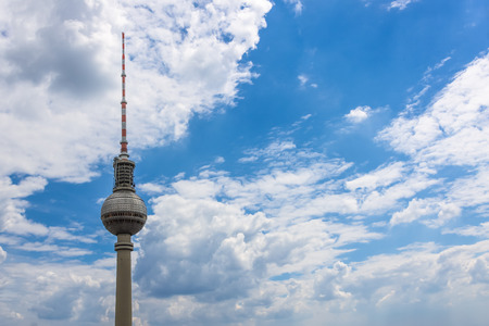 BERLIN, GERMANY - JUNE 18, 2018: the Berlin TV tower against the blue sky and clouds. (Fernsehturm Berlin)のeditorial素材