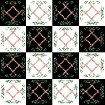 Texture with black white square cell and green fractal pattern
